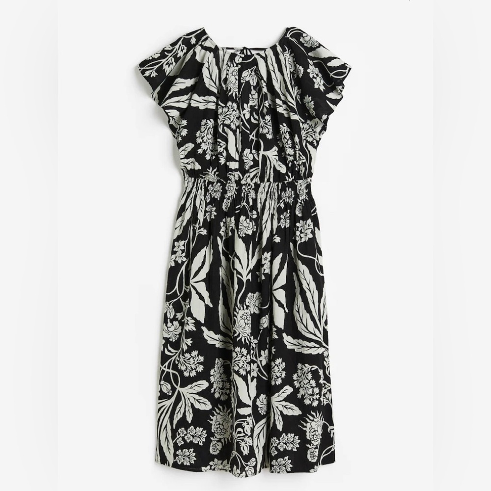 Black & White Floral Midi Dress crinkled cotton dress H&M